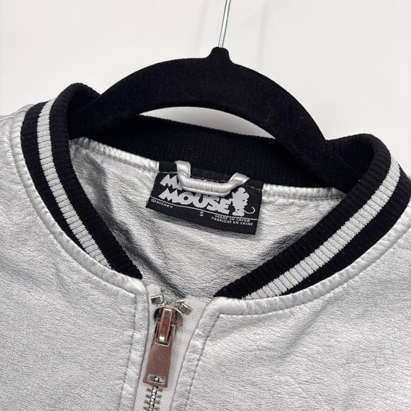 Disney Mickey Mouse Varsity Jacket S Bomber Full Zip Embroidery Silver Metallic - Picture 3 of 9